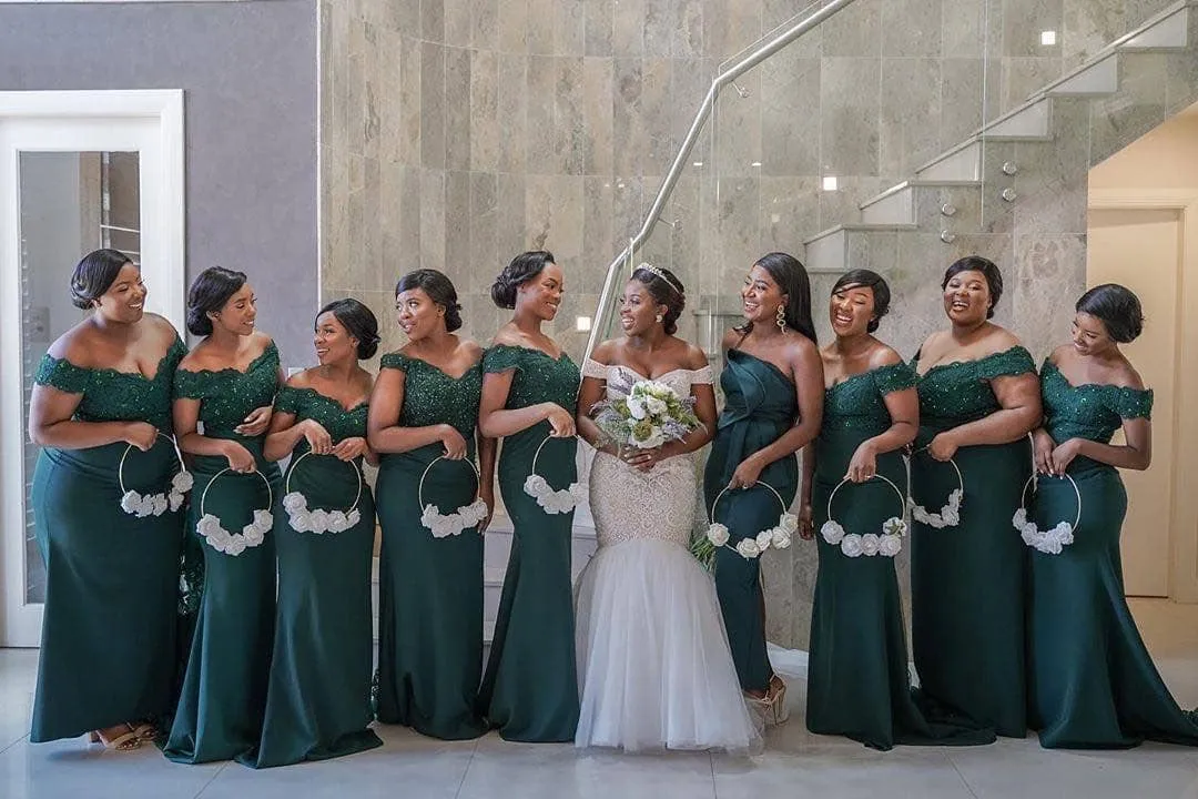 Elegant Off Shoulder Mermaid Emerald Satin Bridesmaid Dresses With Lace ...