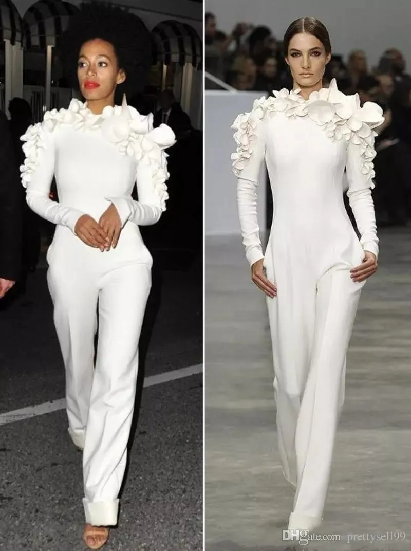 Aangepaste lange mouwen beroemdheid avondjurken 2022 witte been jumpsuit hoge hals bloemen formele prom feestjurken