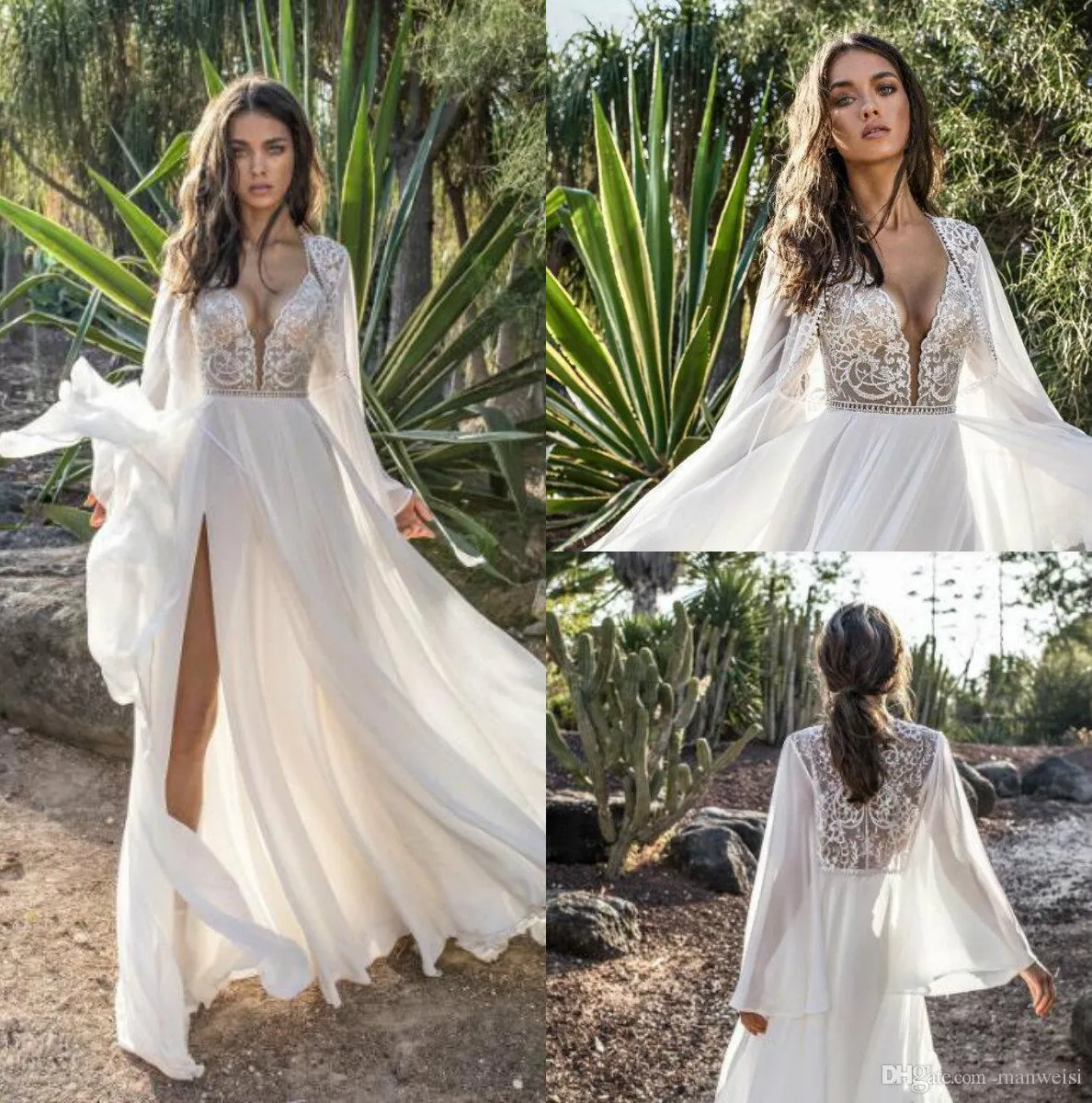 Asaf Dadush Boho Wedding Dresses With Long Sleeve Wrap Side Split Beach ...