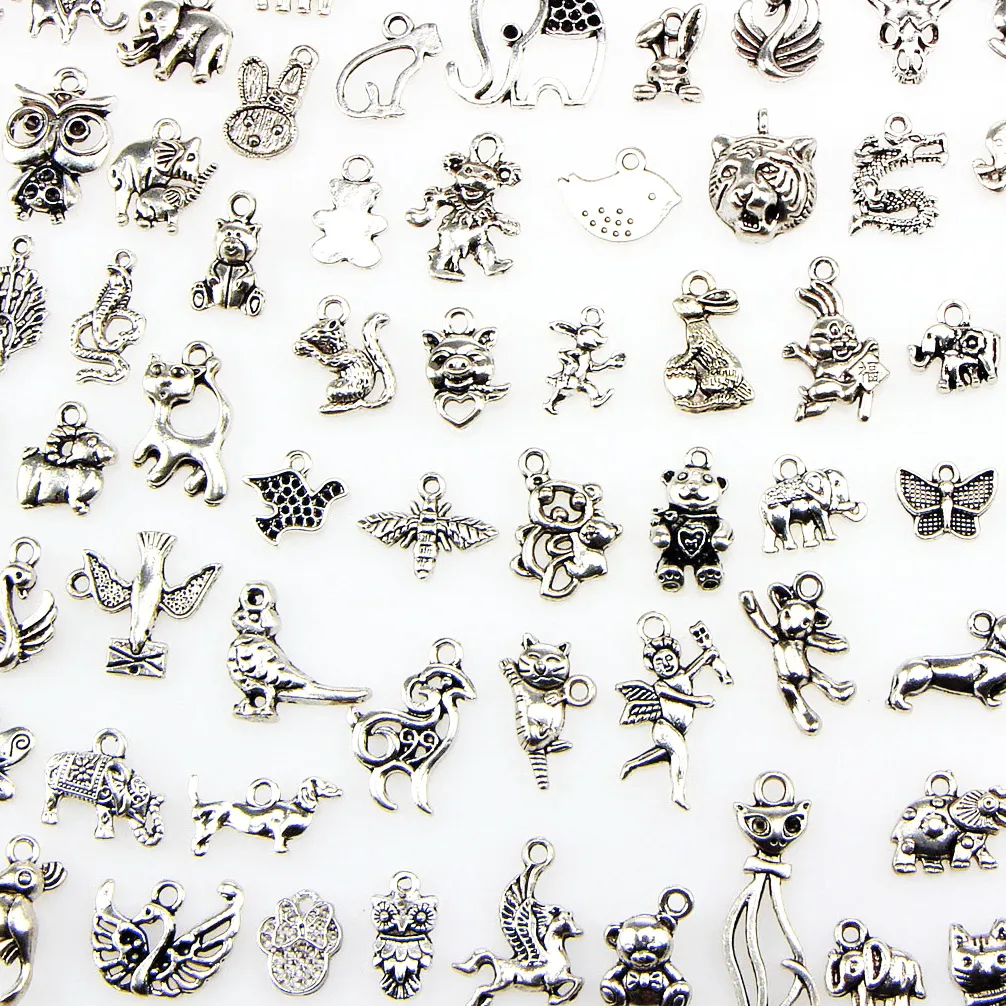 Assorted 100 Designs Animal Charms Gato Porco Urso Bird Snake Cavalo Cão Esquilo Swan Boi ... pingentes para DIY colar pulseira jóias fazendo