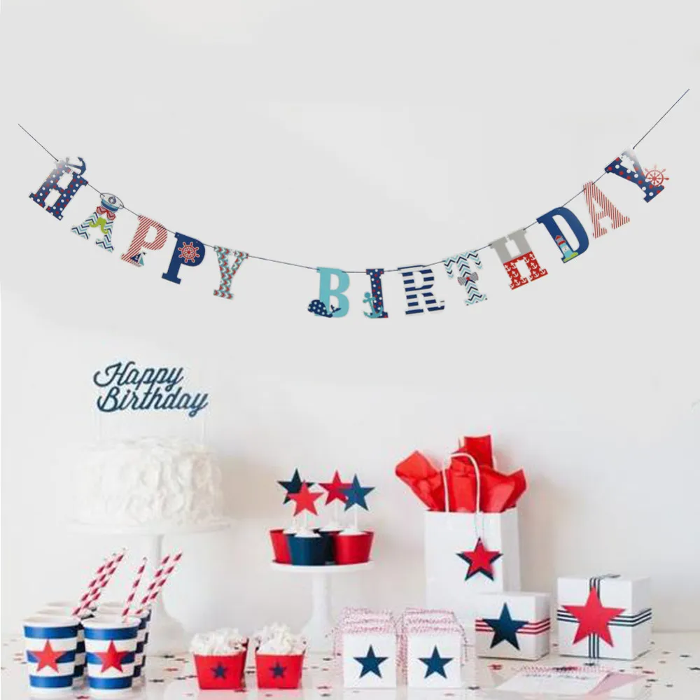 Happy Birthday Party Decorations Kids 1psRed Navy Blue Banner Sea