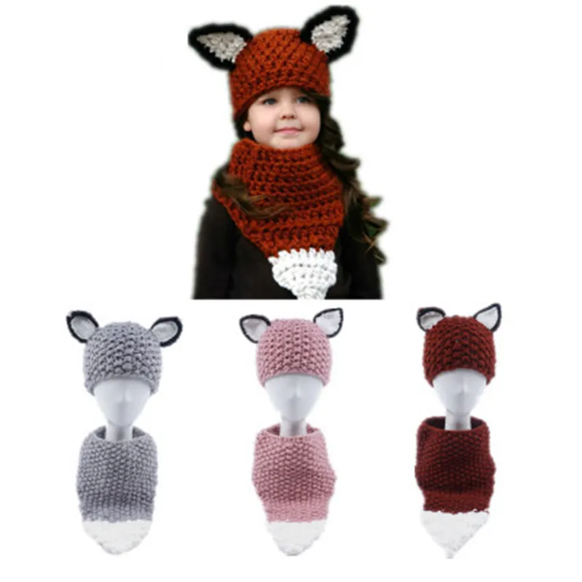 Fox ухо Детка вязаные шляпы с шарфом набор зима детей мальчики девочек теплые шерстяные шляпы петли шарф для детей вечеринки шляпы ZZA879