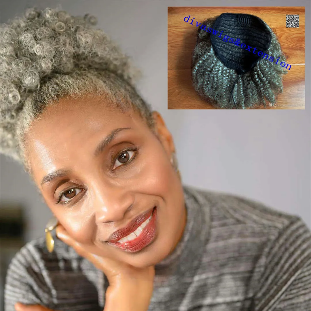 100% натуральный реальные волосы седые волосы плетение хвост афро кудрявый вьющиеся клип в седых волосах человека шнурок конский хвост расширение для чернокожих женщин
