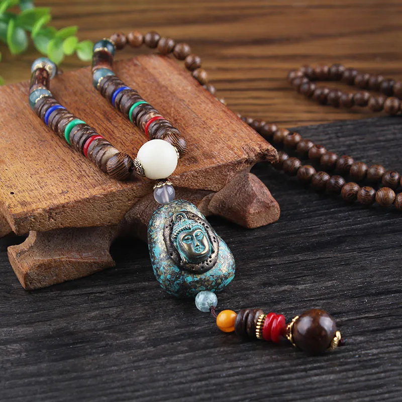SEDmart rétro ethnique bois Lotus bouddha Statue pendentif colliers pour femmes népalais Mantra bois/verre perles chandail chaîne cadeaux