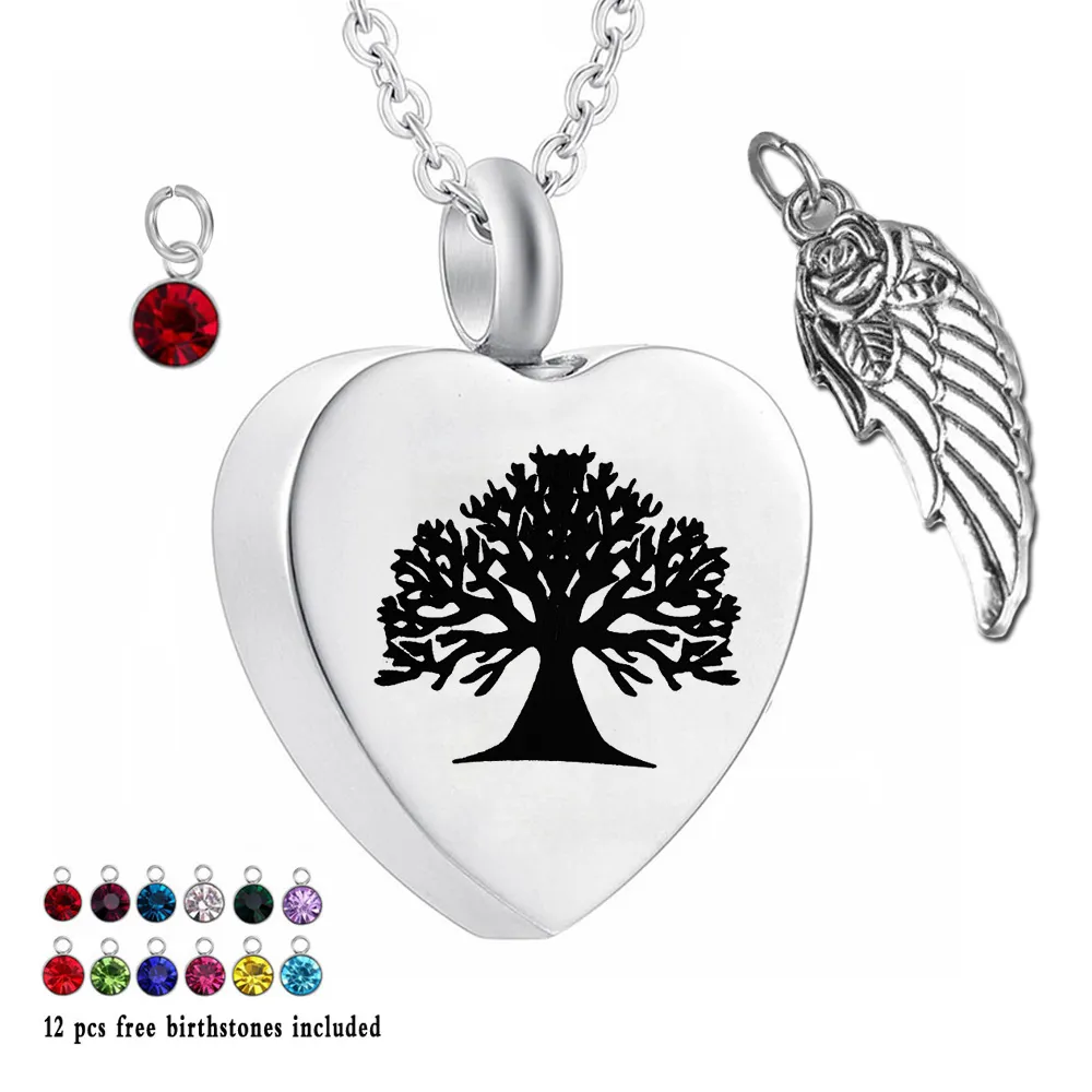 life Tree 12-teilige Urnen-Halskette mit Geburtsstein-Kristall, Herz-Gedenk-Andenken-Halter-Anhänger, Asche-Einäscherungsschmuck für Asche