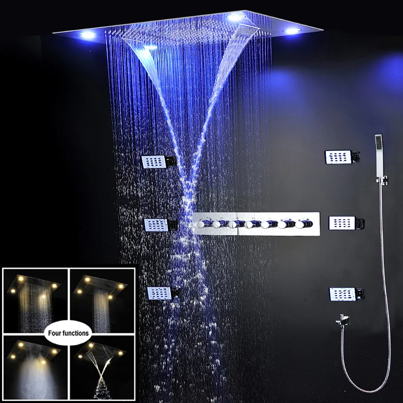 Banyo Büyük Yağmur Duş Bataryası Seti Şelale Banyo Mikser Termostatik Duş Paneli Tavan LED Duş Başlığı Sistemi 600x800mm