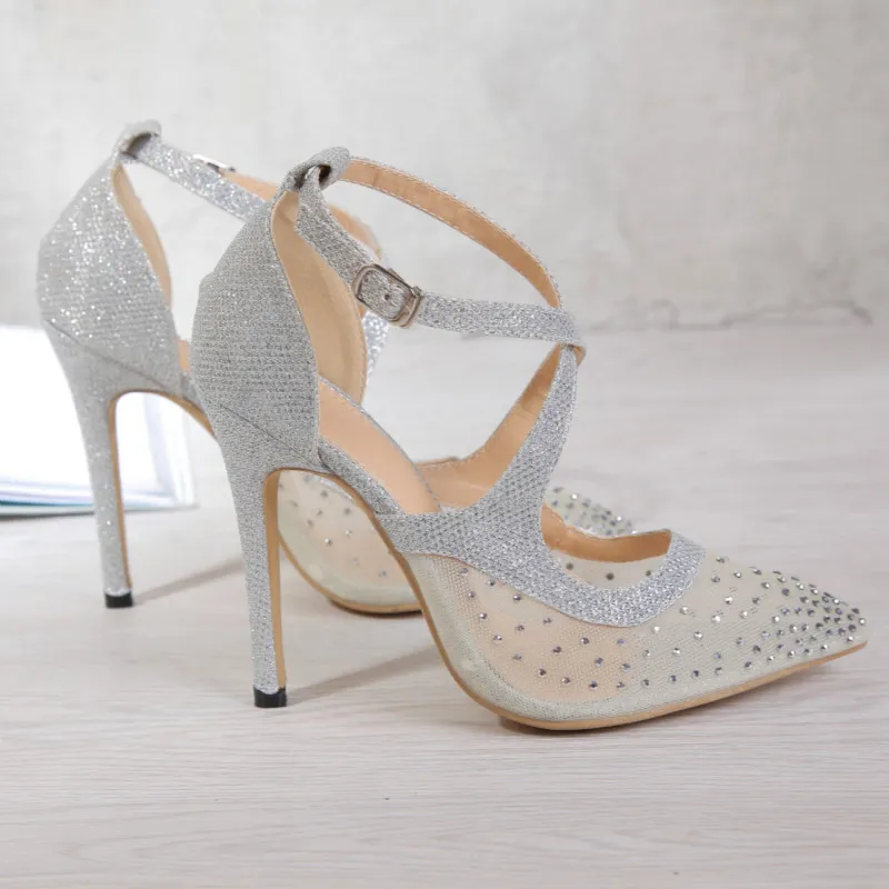 Plus size 35 to 40 41 42 silver rhinestone meshy cross strap stiletto heel dress shoes bridal wedding shoes