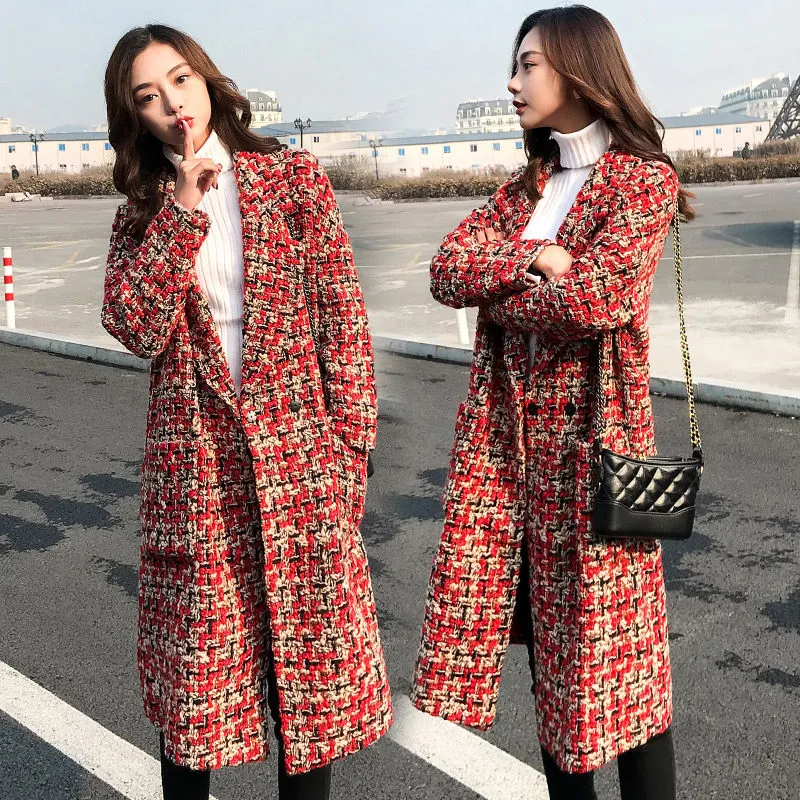 Fashion Autumn Winter Coat 2019 New Women Woolen Overcoat Lapel Long Plaid Blend Red Tweed Jacket Ladies Elegant Outwear f1525