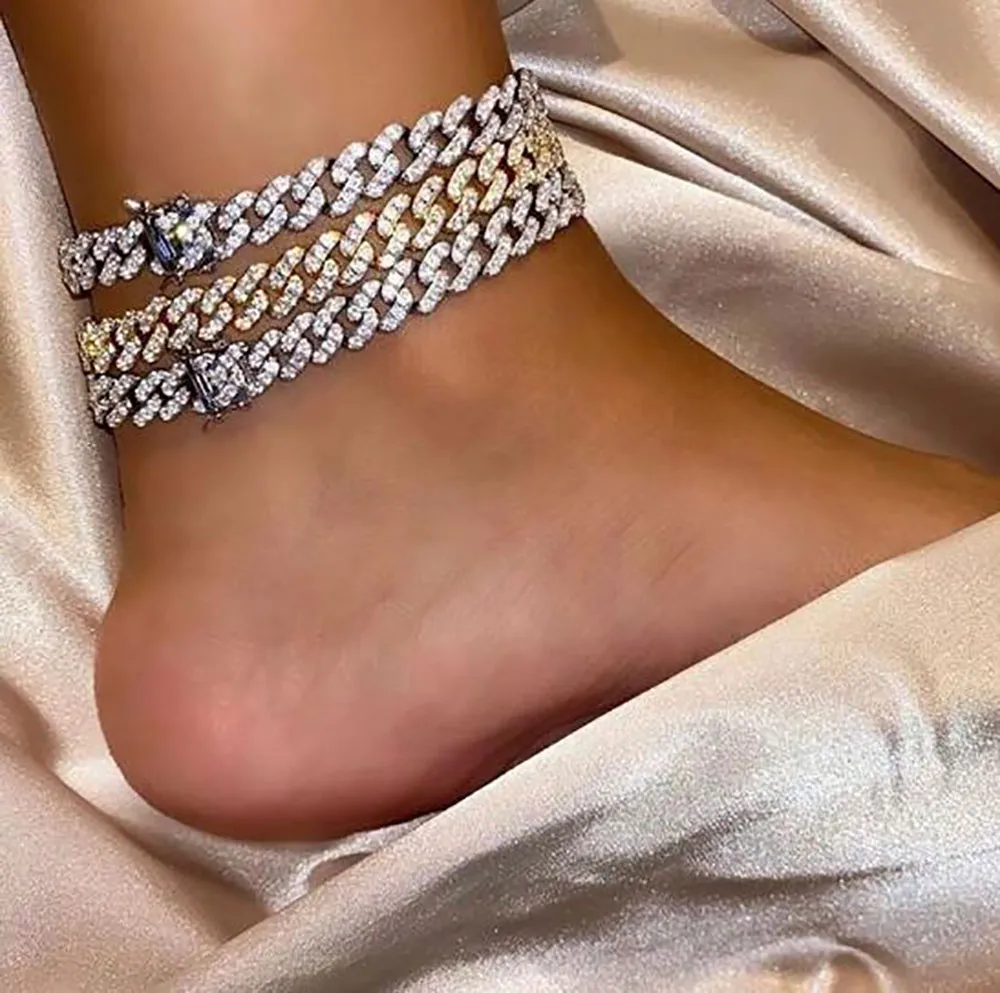 Diamante prata link cubano tornozeleira micro pave cúbica zircônia simulada diamantes jóias 9mm cubano anklet mulheres anklet presente para namorada