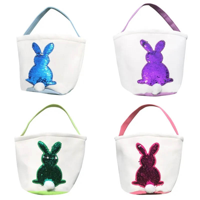 Sequin Easter Bunny Baskets Spring Party Rabbit Handbags Canvas Candy Egg Storage Bag Kids Hunt Eggs Event Gifts