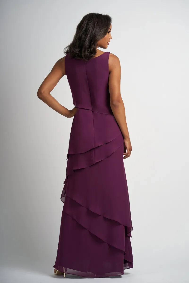 Jasmine Chiffon of the Bride Dress with Jewel Neckline and Ankle Length tiered maxi skirt - Modest A-Line for Wedding Guests and Evening Events