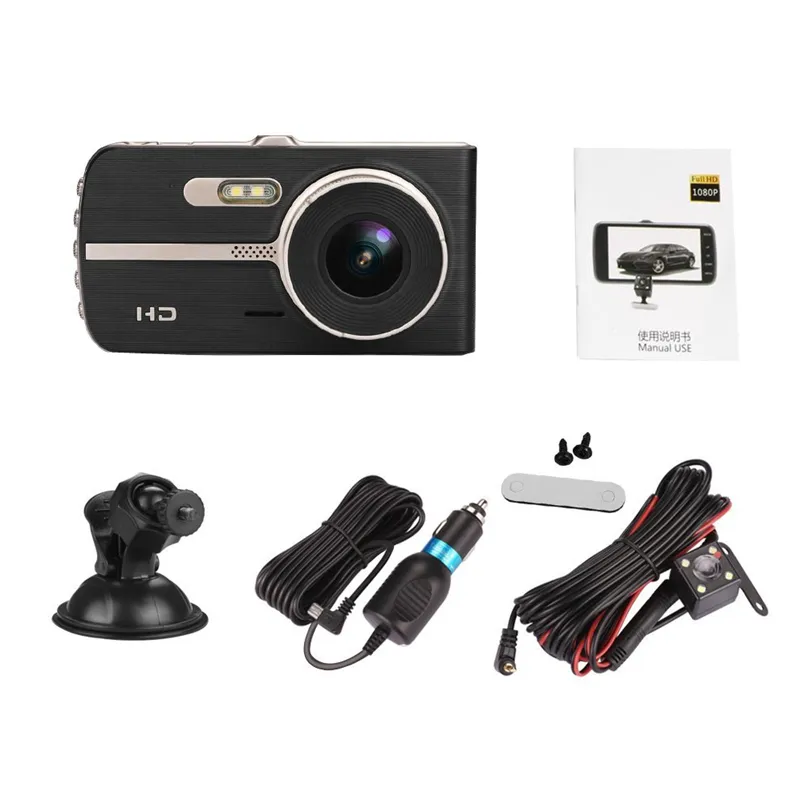 4 "voiture DVR enregistreur véhicule dashcam numérique 2Ch caméra vidéo de voiture double objectif 170 + 120 + angle de vue super large Full HD 1080P