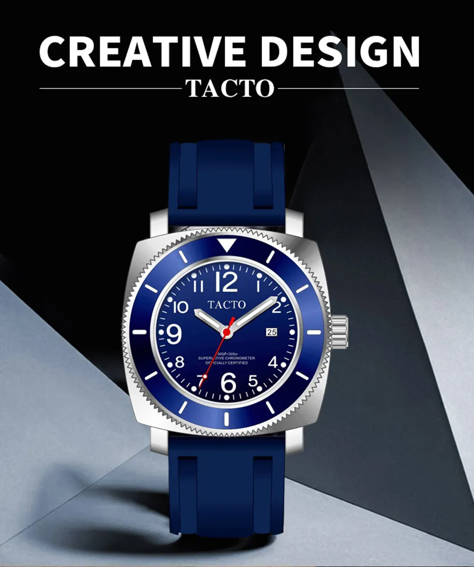TACTO Reginald Sports Watch Black Dial Classic Rotated Bezel Diver Watch Quartz Military Mens Watches Stainless Steel Watches