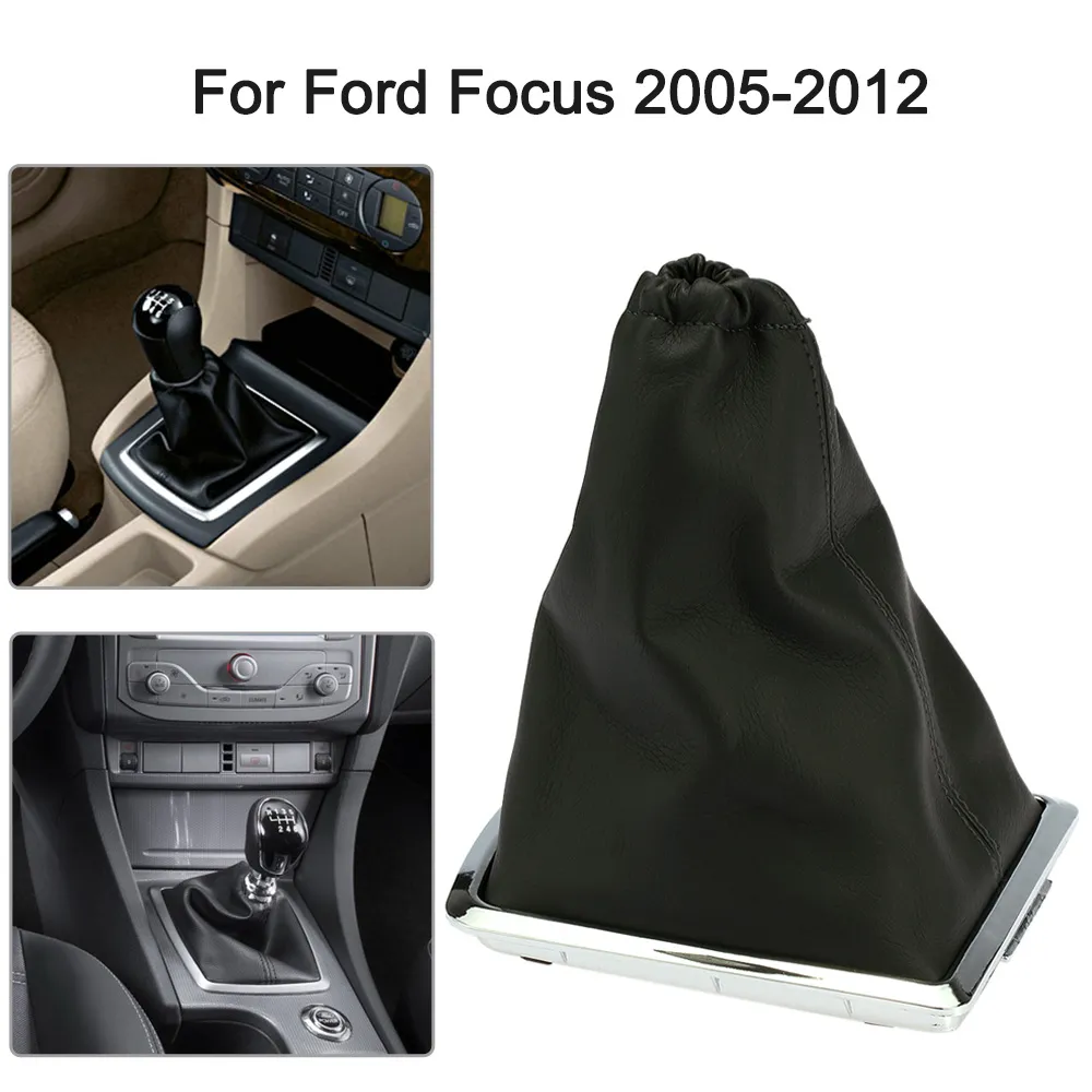 För Ford Focus 2 MK2 2005 2006 2007 2008 2009 2010 2011 Ny svart bilutrustningsknapp Knob Real Leather Gaiter and Chrome 281W