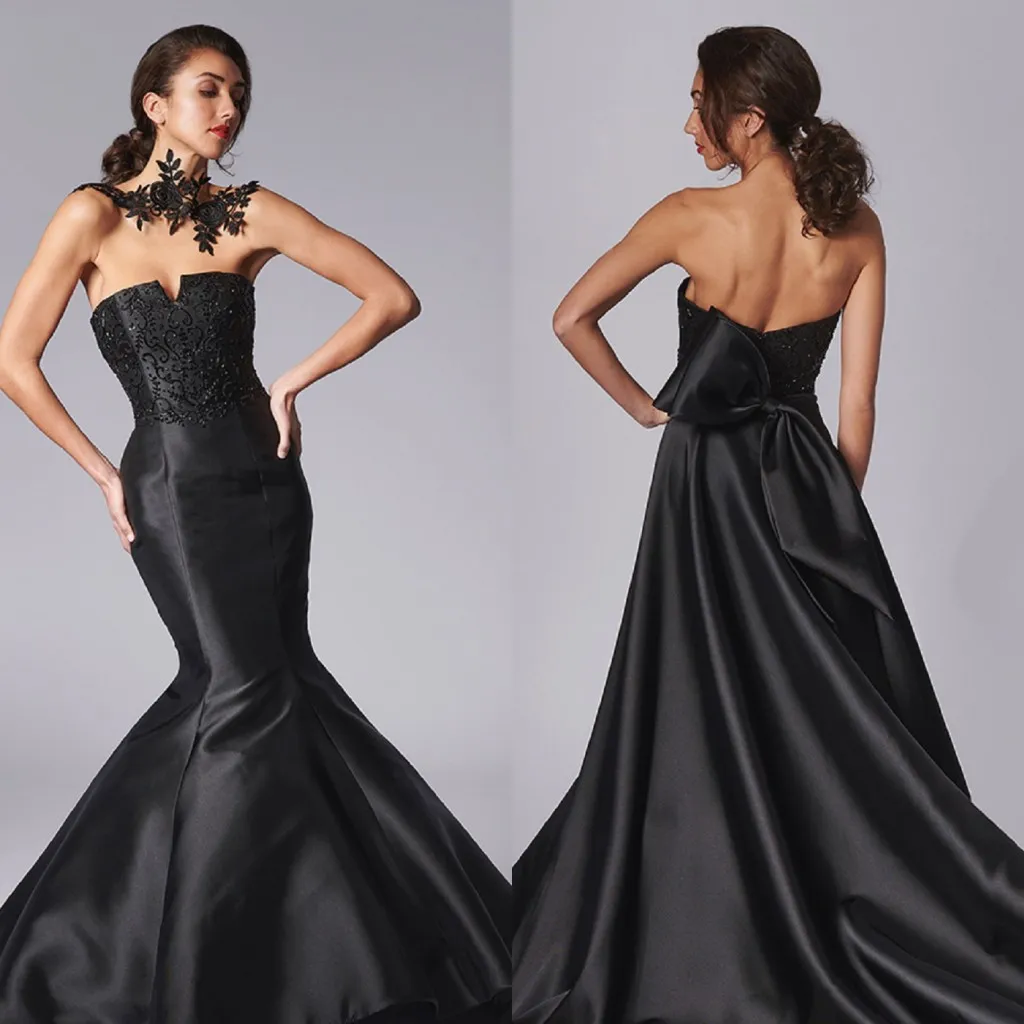 Modest Mermaid Prom Dresse Strapless Sleeveless Satin Applique Bow Ruched Party Dress Sweep Train robes de soirée