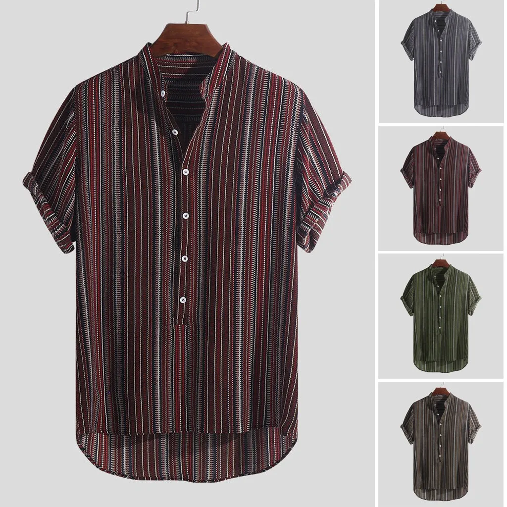 Herren Sommer Gestreifte Knöpfe Atmungsaktive Kurzarm Casual Henley Hemden M-3XL Klassische Mode Persönlichkeit Kausalen Hemd