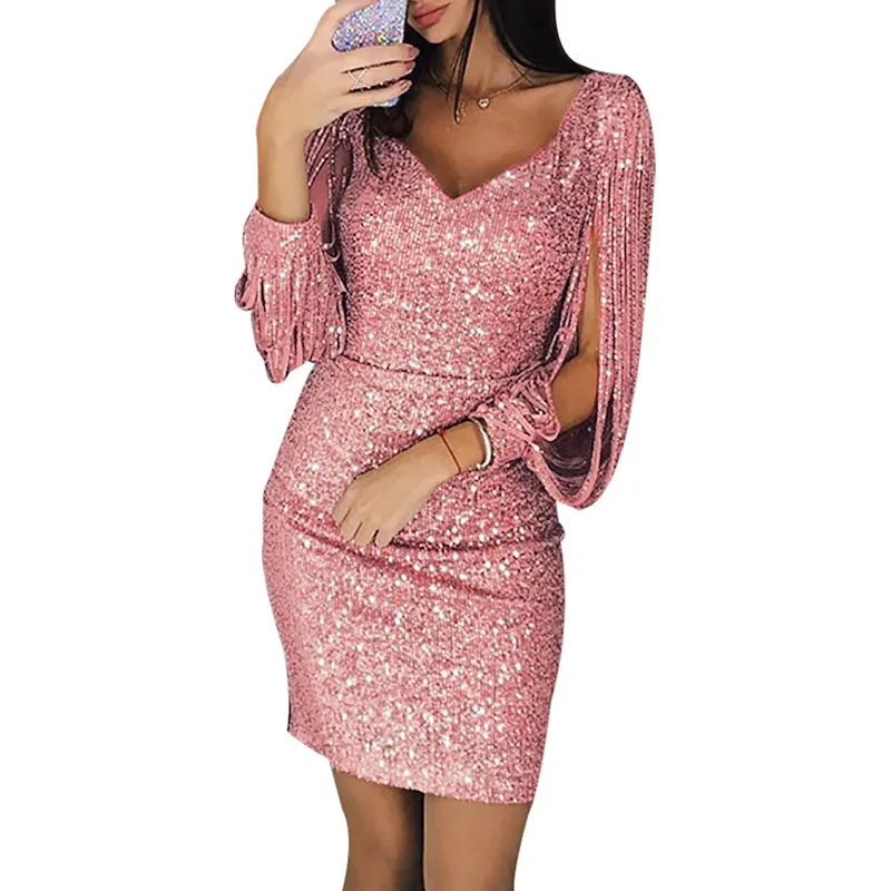 Women Dress Sexy Tassels Sleeve Sequin Party Dress Ladies Sparkly Night Club Bodycon V Neck Mini Dress Vestidos From 28 27 DHgate