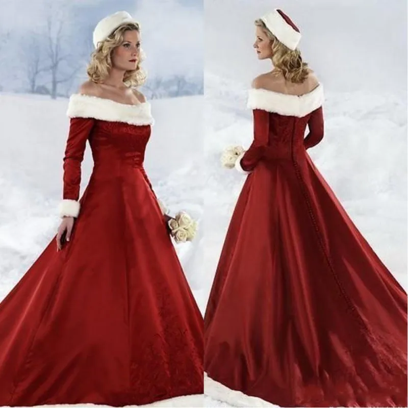 2020 Heet Lange Mouw Rode Kerst Jurken Winter Fall Jurken A-Line Trouwjurken Off-Shoulder Satin Christmas Bridal Jurk