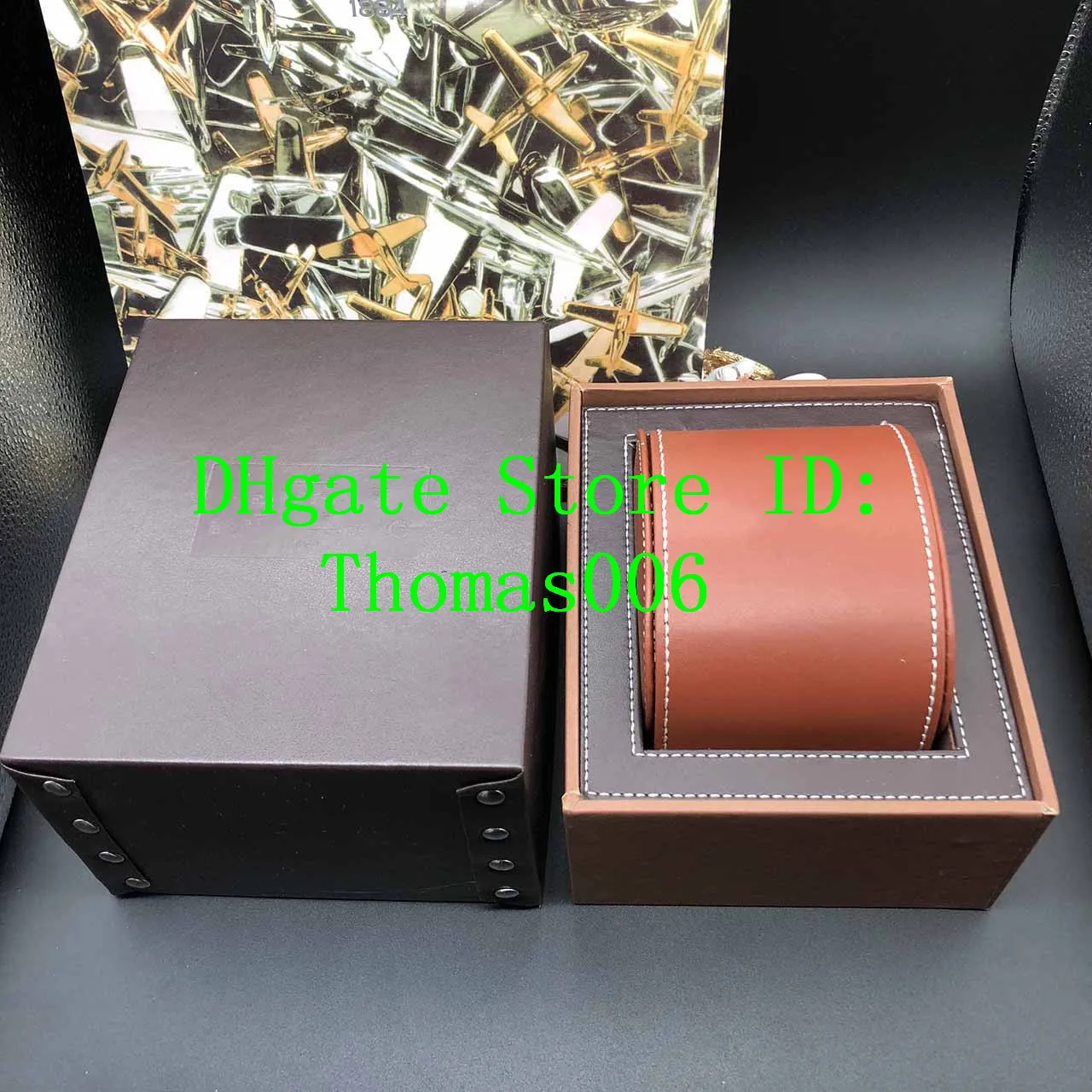 Kvalitet brun färg leathe lådor presentförpackning 1884 klocklåda broschyr kort svart trälåda för klocka inkluderar certifikat nya 259a