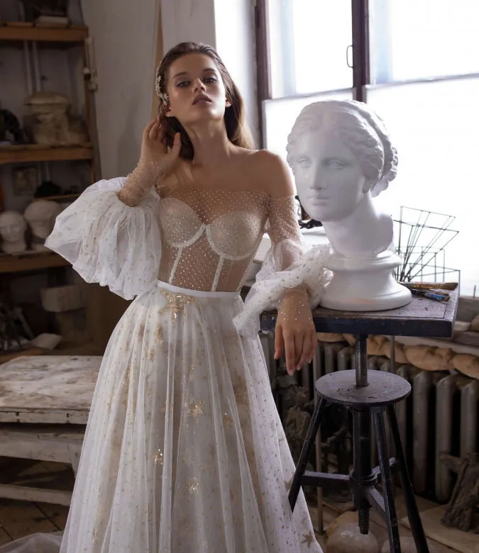 Abiti da sposa da spiaggia Abiti da sposa country con applicazioni in pizzo con scollo a barca e stella A Line Illusion Abito da sposa Boho taglie forti su misura