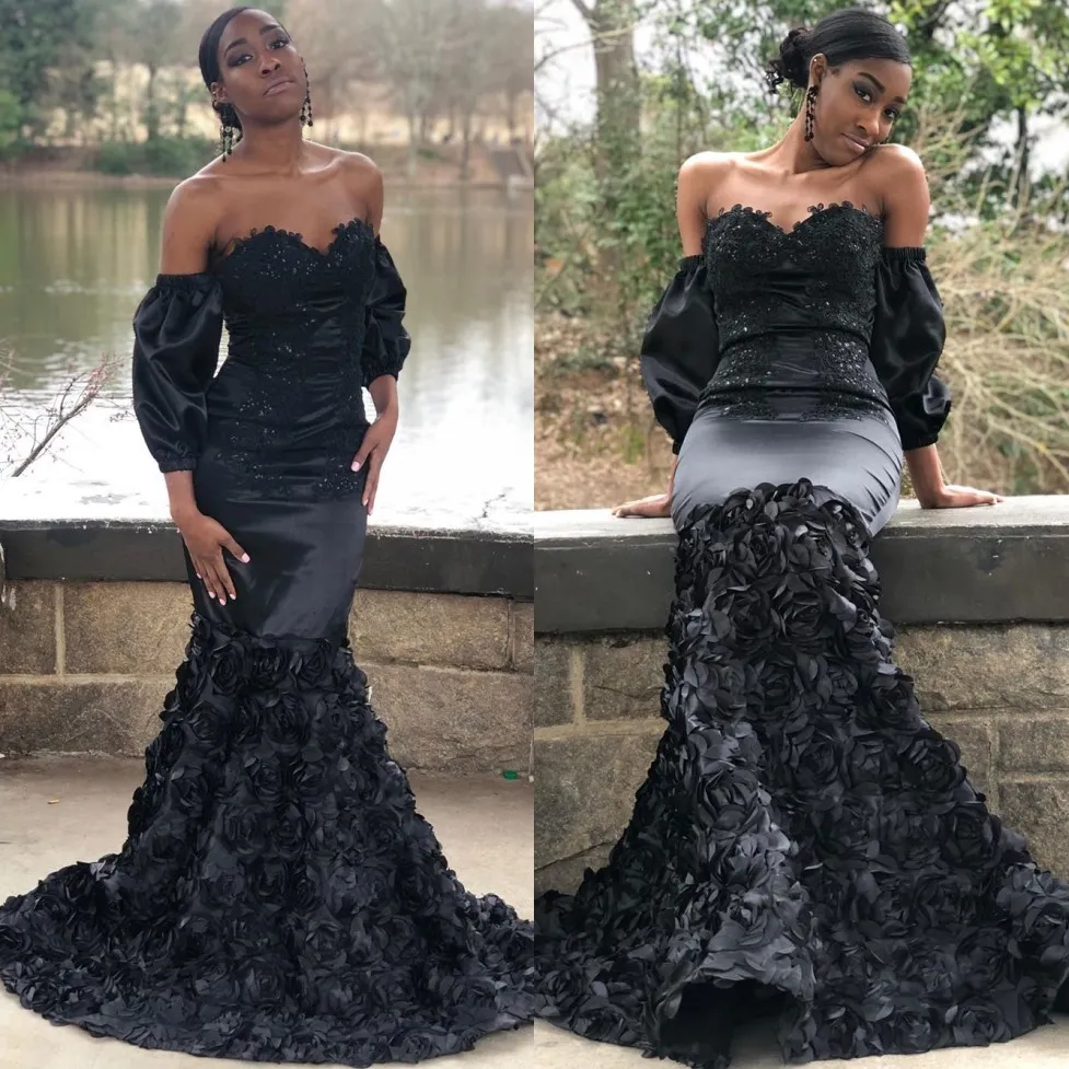 Black Girl Mermaid Prom Dresses Sweetheart Neck Long Sleeves Sequined Evening Gowns Sweep Train Plus Size Appliqued Satin Formal Dress