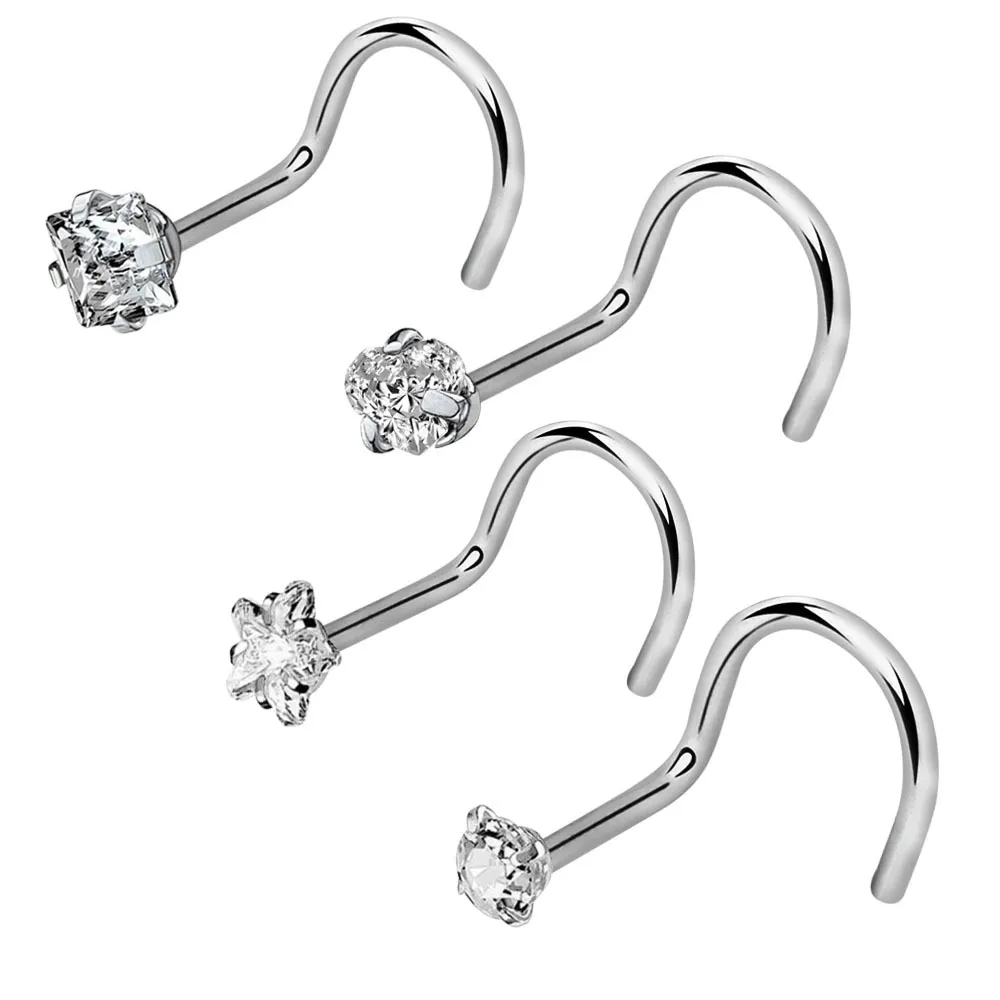 4 stuks / partij chirurgische stalen neus nagel bout NEZ L-vormige kristallen neus ring studs zirkoon neusgat geperforeerde sieraden