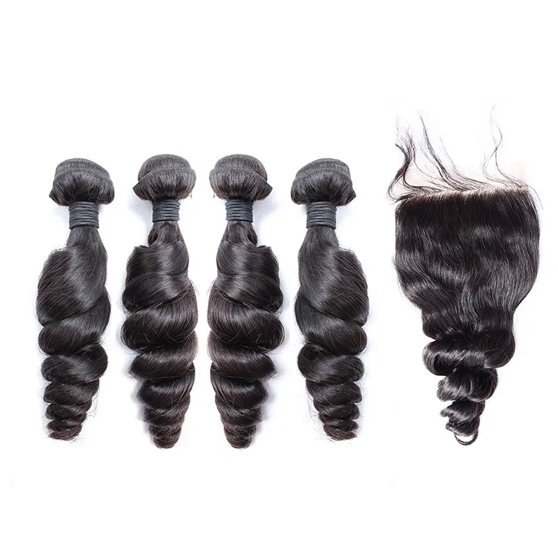 Greatremy Peruanische Malaysische Haarverlängerung 1 stück Mittelteil Top Spitze Verschluss 4x4 mit 4 stücke Haar Bündel Lose Welle Reines Haar Natürliche Farbe