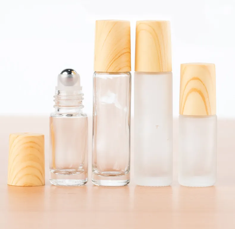 5ml 10ml Frosted Glass Roller Bottle Bamboo Wood Like Printing Essential Oil Sample Perfume Roll on Bottle Fragrance Vials Steel Ball