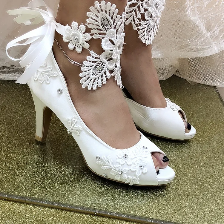 Plus Size White Satin Floral Heels Wedding With Lace Appliques