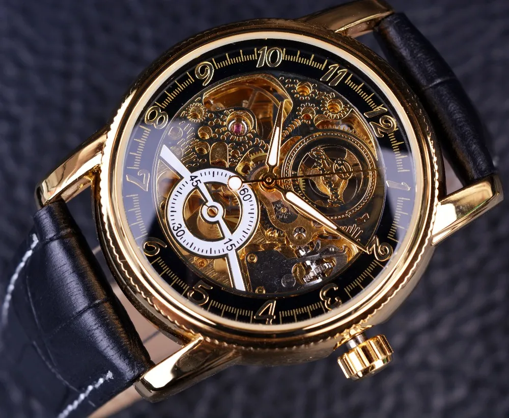 ForSining Hollow Engraving Skeleton Casual Designer Black Golden Case Gear Bezel Automatic Watches Men lyxmärke Watches224U