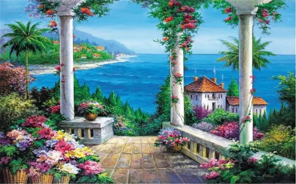 Papier peint 3D bleu frais jardin méditerranéen peint à la main peintre à  l'huile fond peinture murale papier peint 3d HD fond d'écran