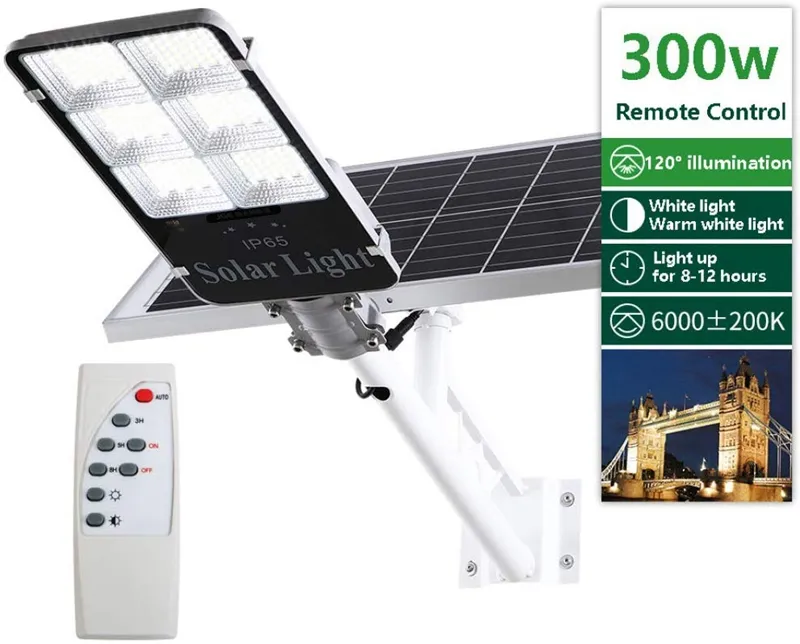 300W Crépuscule à l'Aube Réverbère Solaire Extérieur Étanche IP65 avec Télécommande Solaire Chargeable Inondation pour Jardin Garage Allée