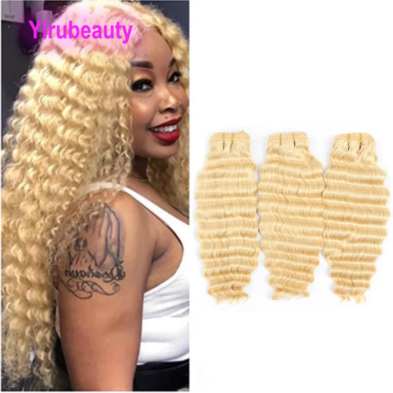 Peruvian Virgin Hair 613# Color Blonde Deep Wave 3 Bundles Human Hair Extensions Curly Double Wefts 95-100g/piece