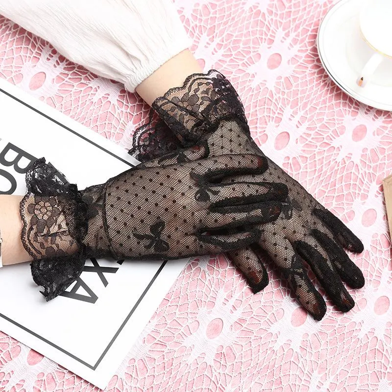 Womens Transparent Lace Bowknot Fishnet Black Lace Gloves Full