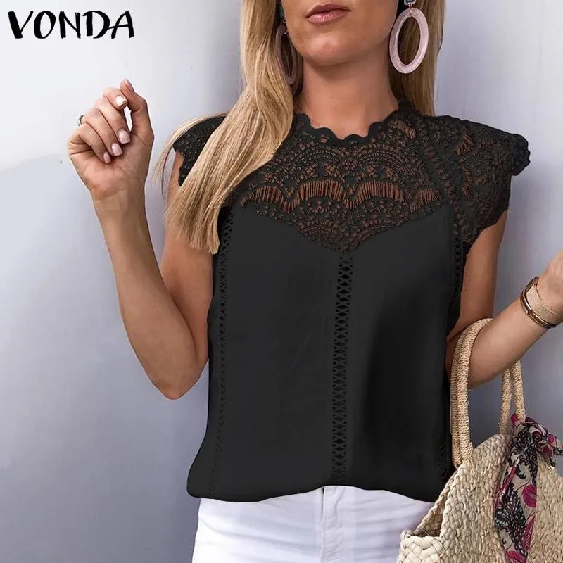 VONDA 2019 Sexy Women Blouse Summer Sleeveless Lace Shirt OL Office Ladies Shirt Hollow Party Tops Camisas Plus Size White Blusa