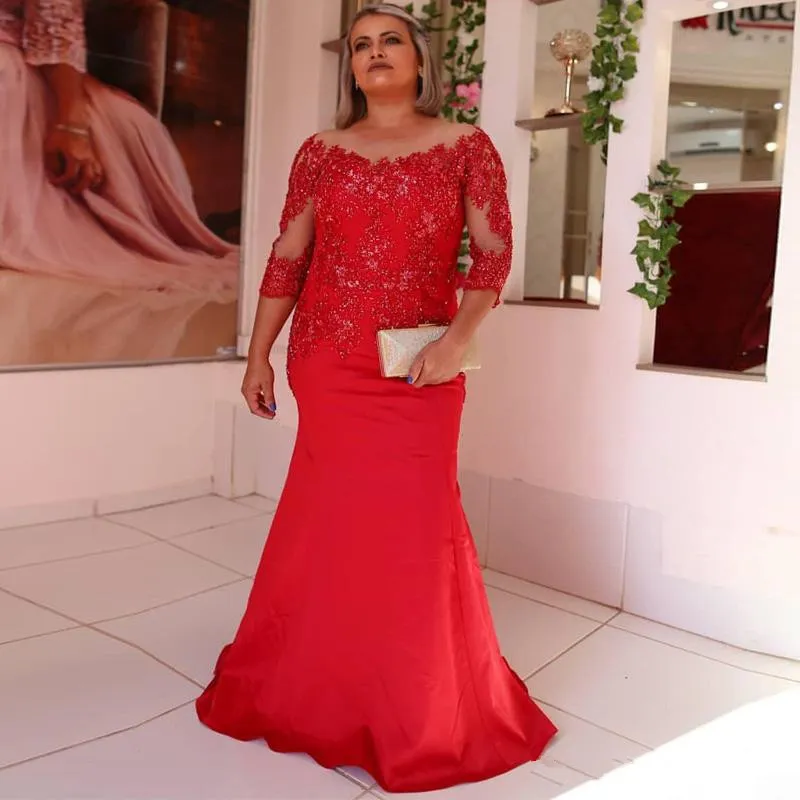 Elegantes rotes Meerjungfrau-Mutterkleid aus dem Jahr 2020 mit transparentem Ausschnitt, Dreiviertelärmeln, mit Perlen besetzt, formelles Kleid, langes Satin-Abschlussballkleid Q62