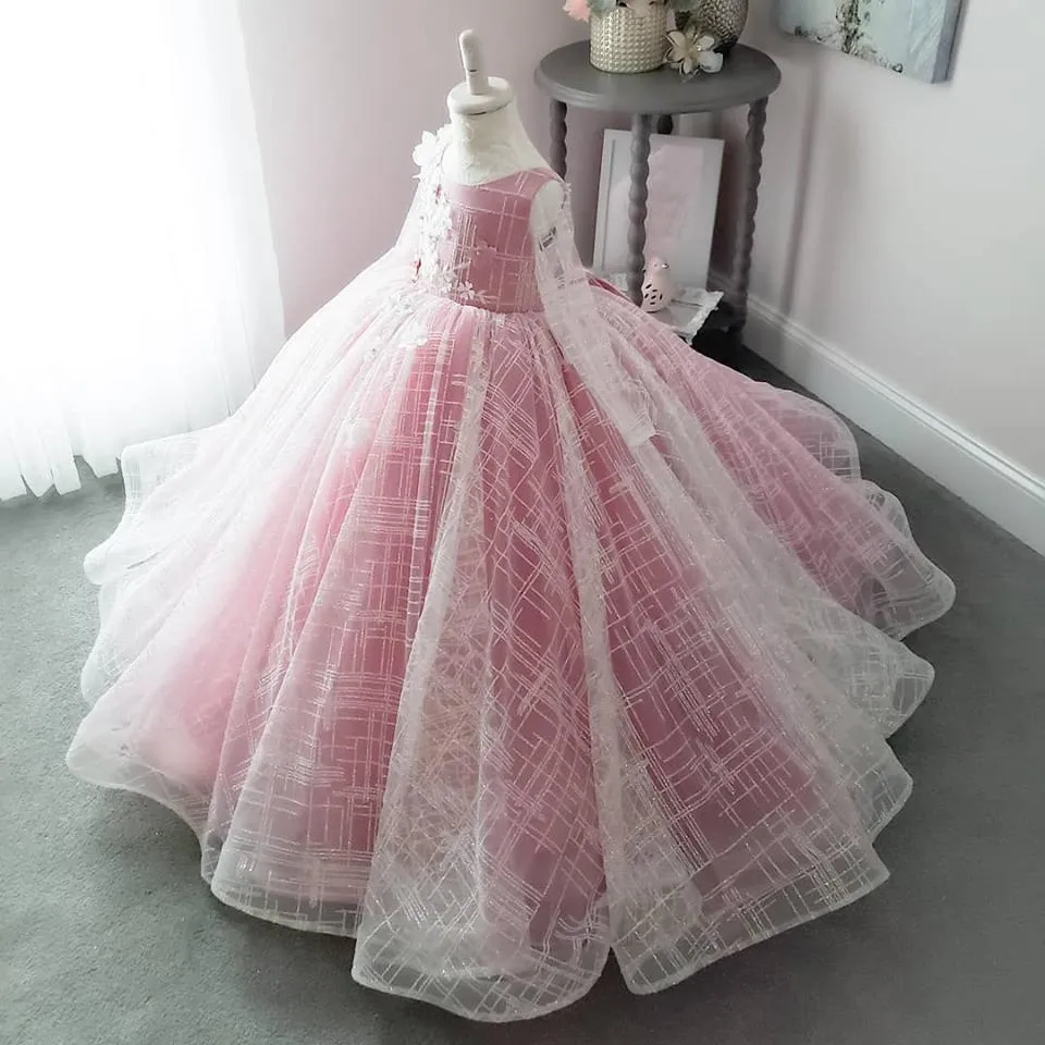Pembe Çiçek Kız Elbise 2019 Illusion Uzun Kollu 3D Çiçek Balo Küçük Kızlar Örgün Parti Abiye Backless Gerçek Resimler Giymek