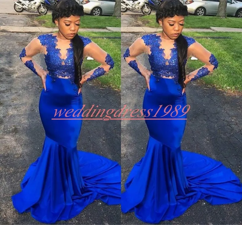 Eleganza Royal Blue Mermaid Prom Dresses Pizzo Black Girl African Robe De Soiree Abiti da sera taglie forti Occasioni speciali Juniors Pageant