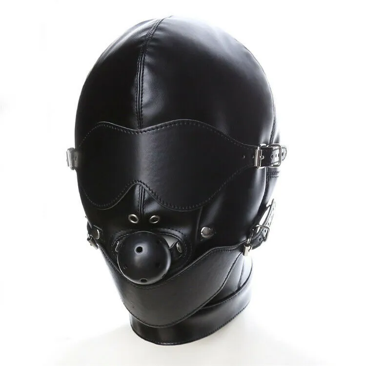 Harnais à capuche en Faux cuir souple noir, masque bouche Gag, contraintes de Bondage A76