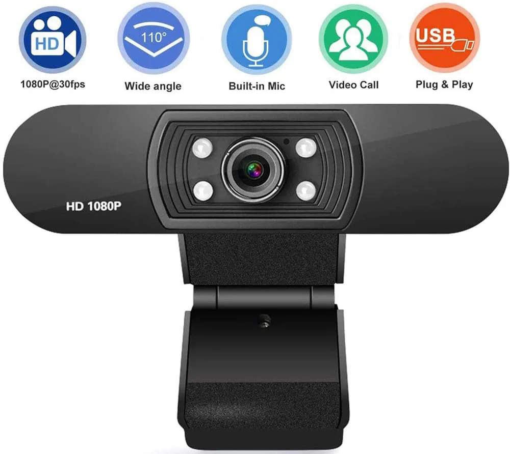 Webcam avec microphone, caméra Web Full HD 1080P, pour appels vidéo de bureau PC portable, compatible avec Windows 10, 8, 7, XP et Mac OS X