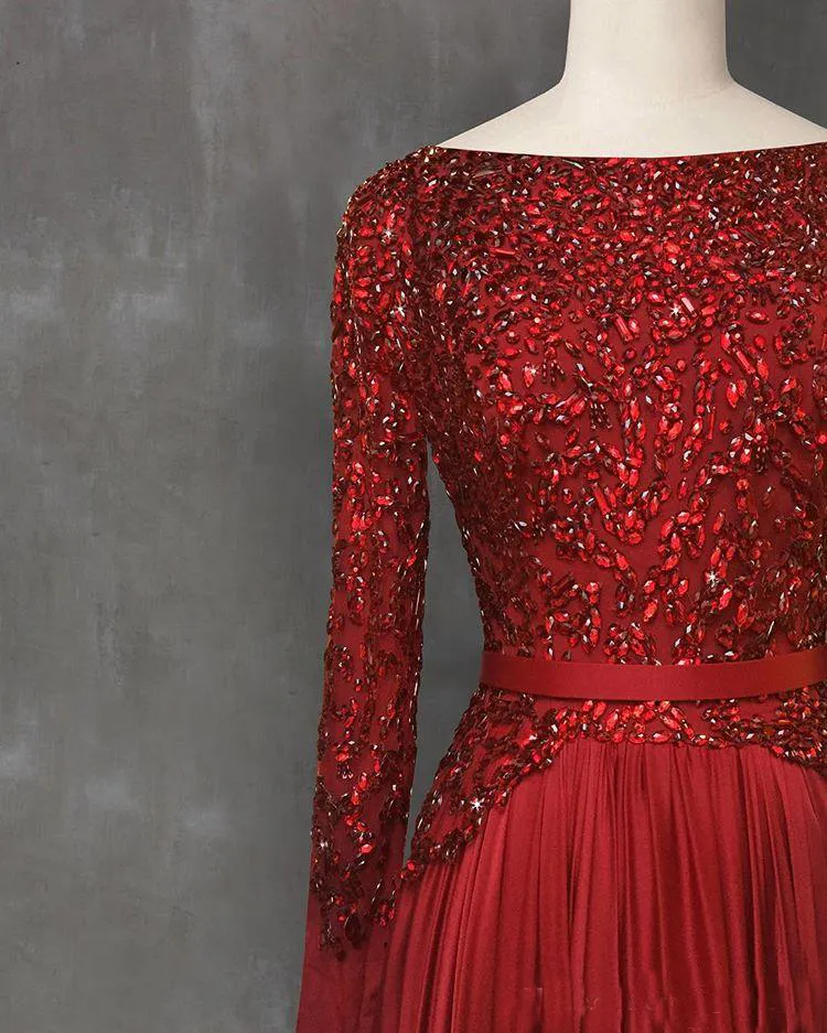 2022 Elegant Red Beaded Crystal Long Red Evening Dress - Long Sleeevess Formal Gown for Prom and Party