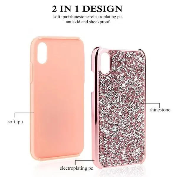 2'de 1 elmas rhinestone parıltılı telefon kılıfları için 14 13 13 PRO 12 11 Pro Max Xs XR 7 8 Plus Samsung S23 S22 S21 Ultra 5G Hybrid TPU PC OPP Çantası ile Arka Kapak