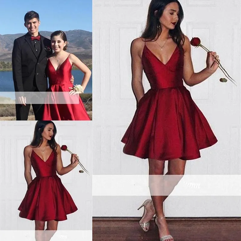 새로운 짧은 짙은 빨간 새틴 유모차 드레스 V 넥 스파게티 스트랩 미니 칵테일 파티 드레스 주머니가있는