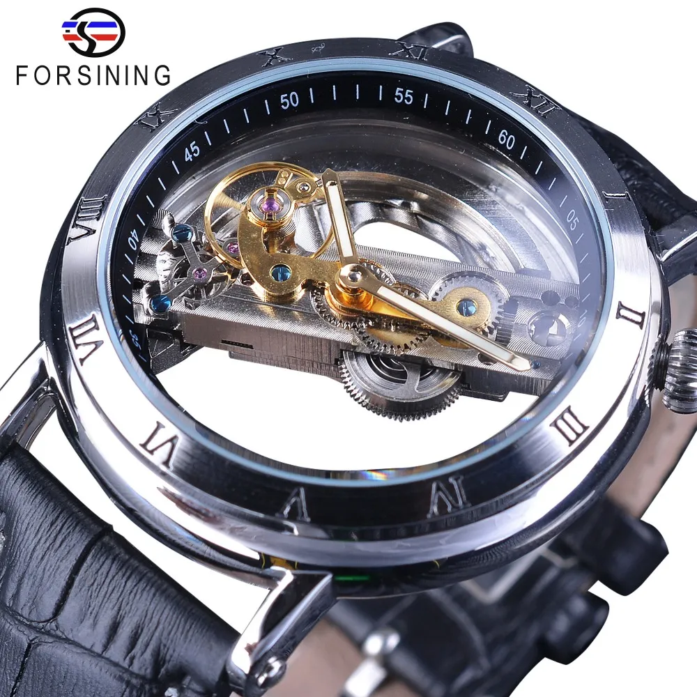 ForSining Minimalist Design Double Side Transparent Men Business Crown Head Skeleton Mens Watch Top Brand Luxury Automatic Watch290h