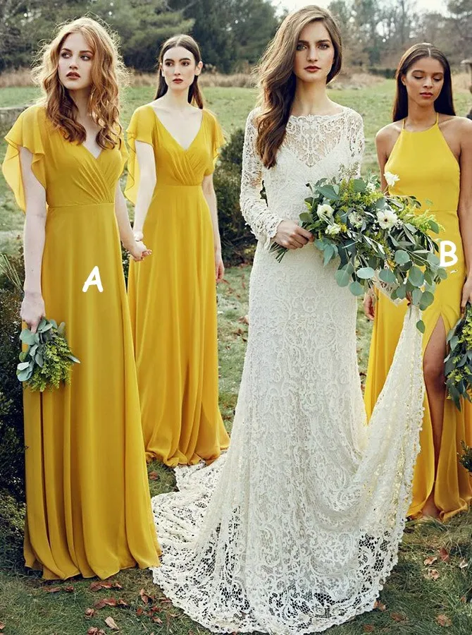 Blanda och matcha gula brudtärna klänningar Billiga Cap Sleeve V Neck Backless Chiffon Bohemian Country Style Bridesmaids Maid of Honor Gown Plus