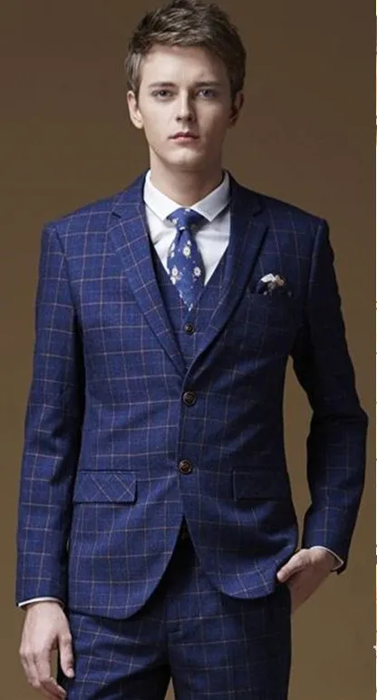 青い格子縞の新郎のタキシードノッチラペルの新郎メンズのウェディングドレス優秀な男ジャケットブレザー3ピーススーツ（ジャケット+パンツ+ネクタイ）1692