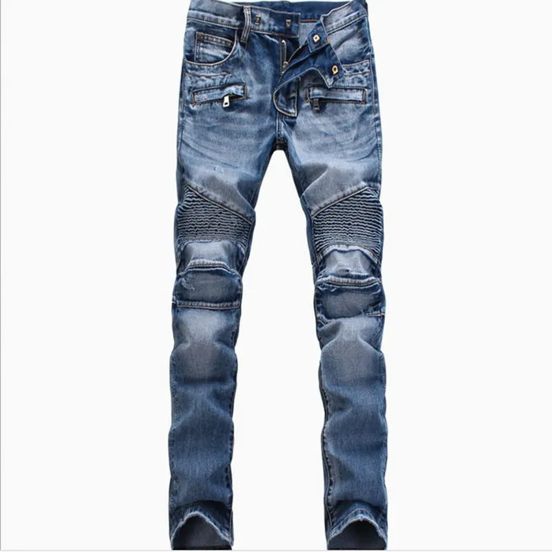 Men Fashion Ripped Biker Jeans man Distressed Moto Denim Joggers Washed Pleated motorcycle Jeans Pants Black Blue