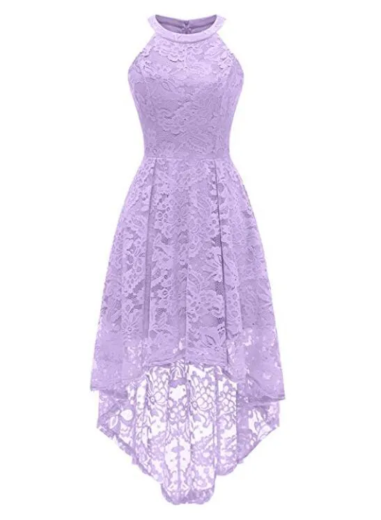 Moda Halter Lace Ball vestido de hi-lo dama de honra vestido sem mangas vestido de festa de transporte rápido para casamento