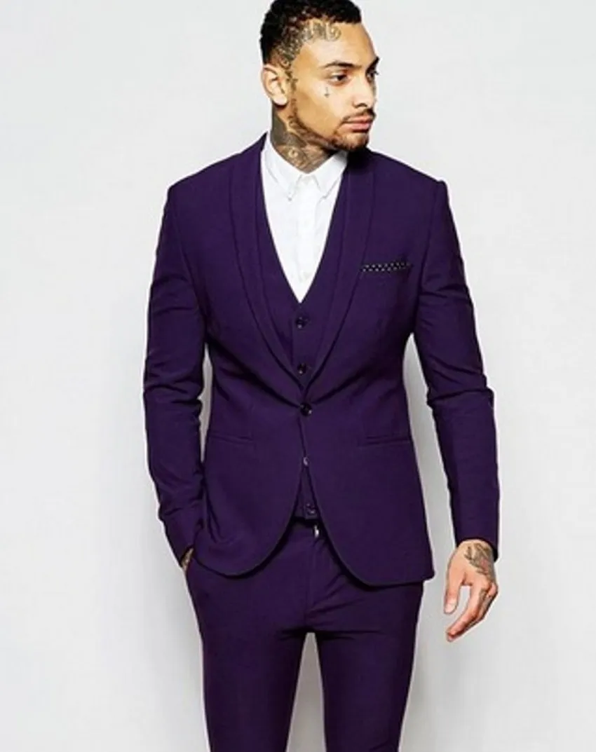 Nowy projekt Slim Fit Purple Groom Tuxedos Szal Kapel One Button Groomsmen Mężczyzna Suknia Ślubna Doskonały mężczyzna garnitur (kurtka + spodnie + kamizelka + krawat) 382
