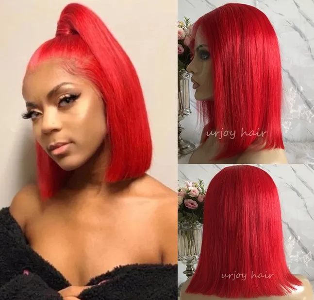 Celebrity Pruiken Bob Cut Lace Front Pruiken Silky Rechte Rode Kleur 10A Grade Chinese Virgin Menselijk Haar Volledige Kant Pruiken Gratis Verzending